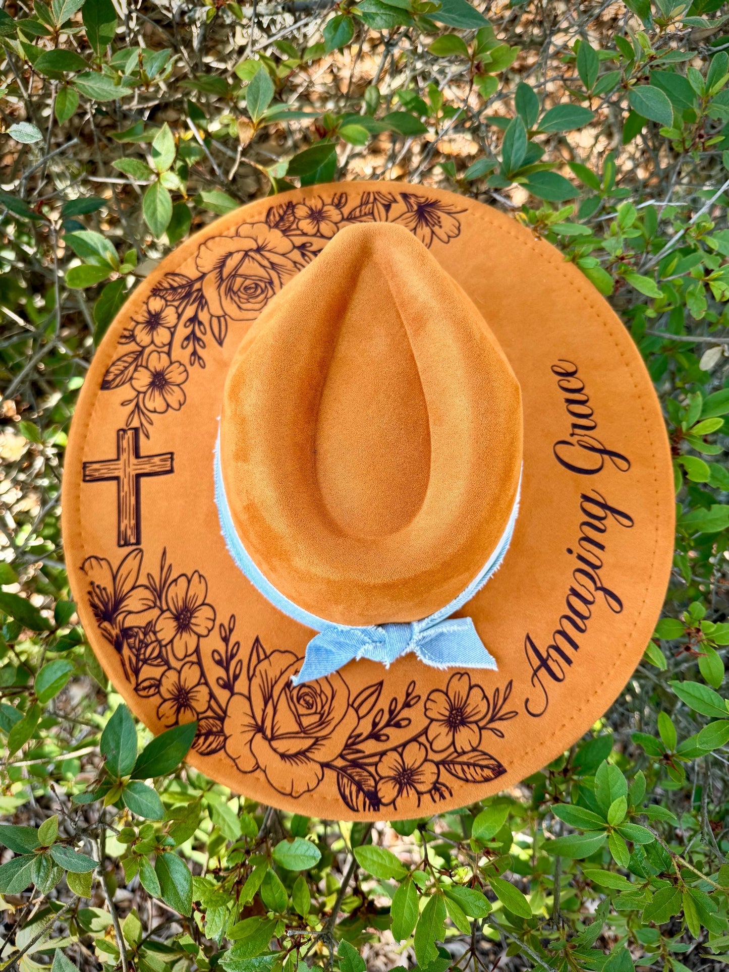 Amazing Grace Wide Brim Hat, Floral Engraved Boho Hat, Faith Inspired Western Hat, Christian Cowgirl Hat, Burnt Orange Camel Felt Hat