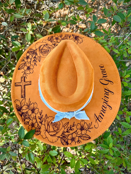 Amazing Grace Wide Brim Hat, Floral Engraved Boho Hat, Faith Inspired Western Hat, Christian Cowgirl Hat, Burnt Orange Camel Felt Hat