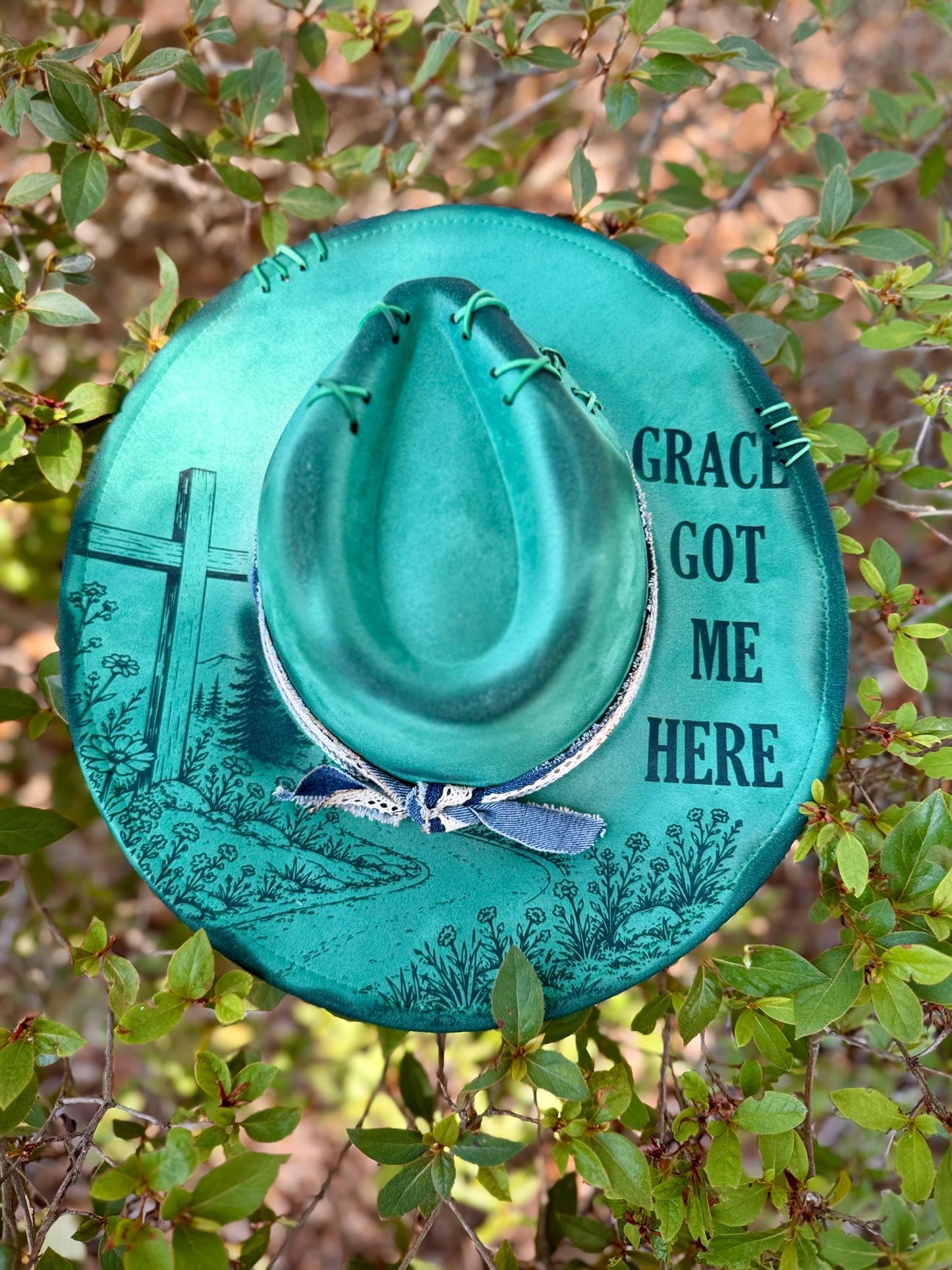 Grace Got Me Here Wide Brim Hat, Green Engraved Floral Cross, Western Boho Cowgirl Style