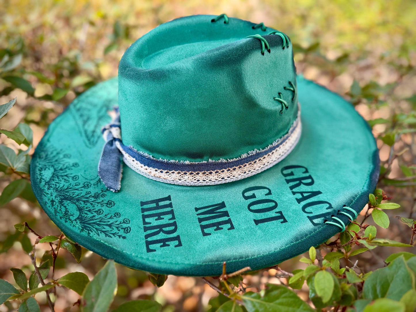 Grace Got Me Here Wide Brim Hat, Green Engraved Floral Cross, Western Boho Cowgirl Style