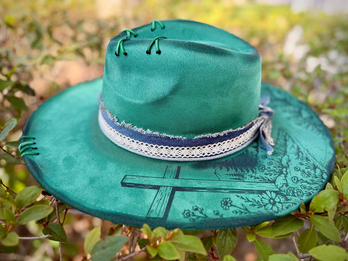 Grace Got Me Here Wide Brim Hat, Green Engraved Floral Cross, Western Boho Cowgirl Style