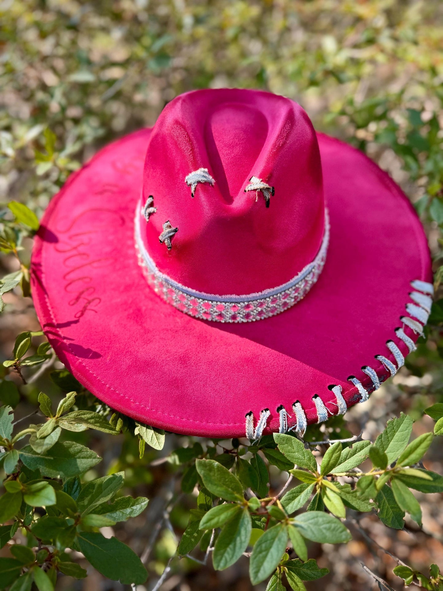 Beauty is Sizeless Hat Hot Pink Engraved Wide-Brim, Rhinestone Denim Band