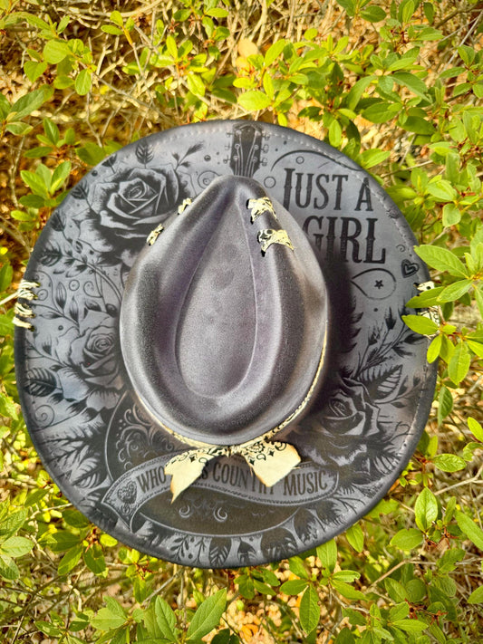 Just a Girl Who Loves Country Music Wide Brim Hat, Gray Western Hat, Country Concert Hat