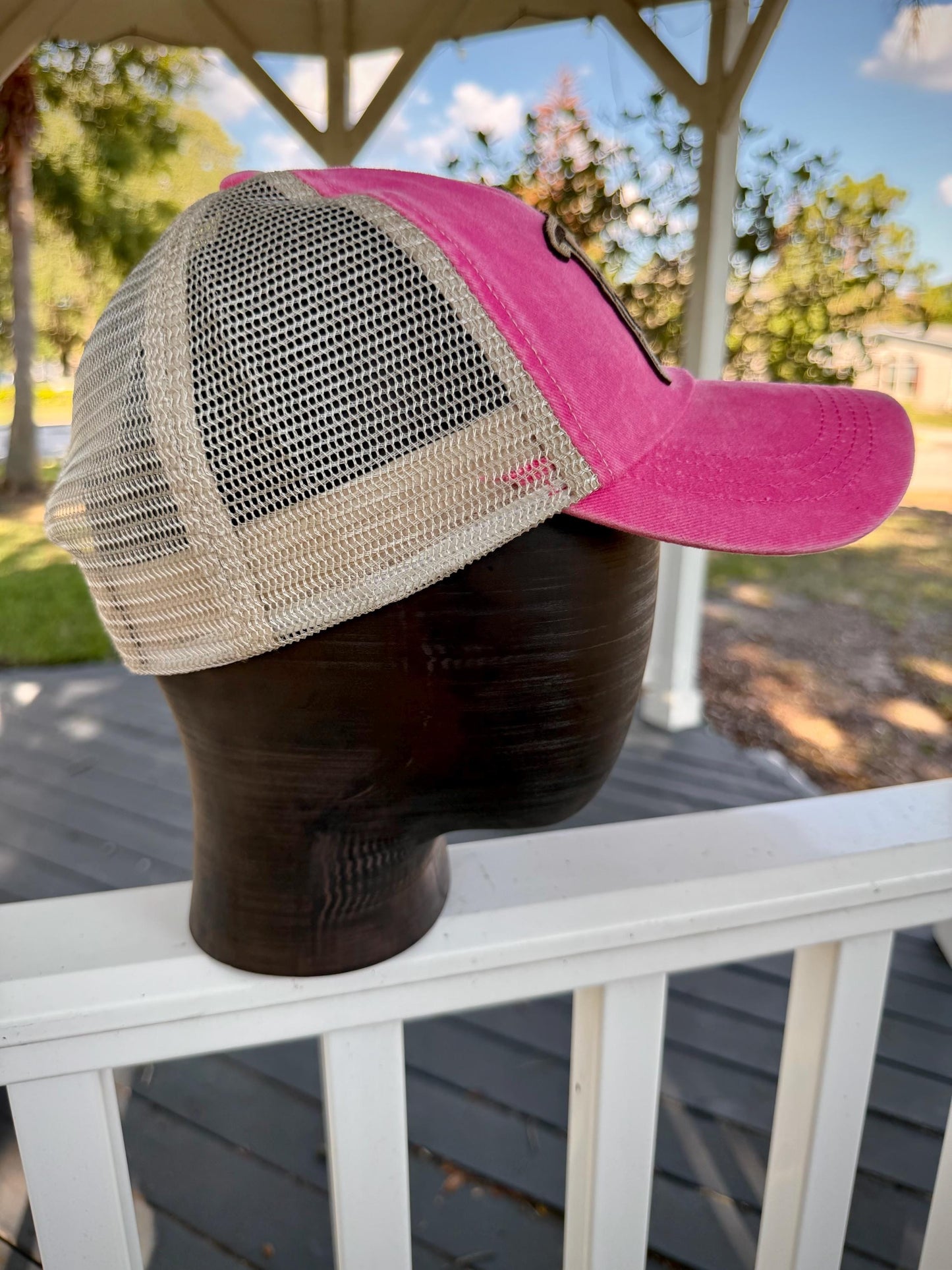 FERAL Trucker Hat, Hair on Hide Leather Patch, Pink or Distressed Black Mesh Cap