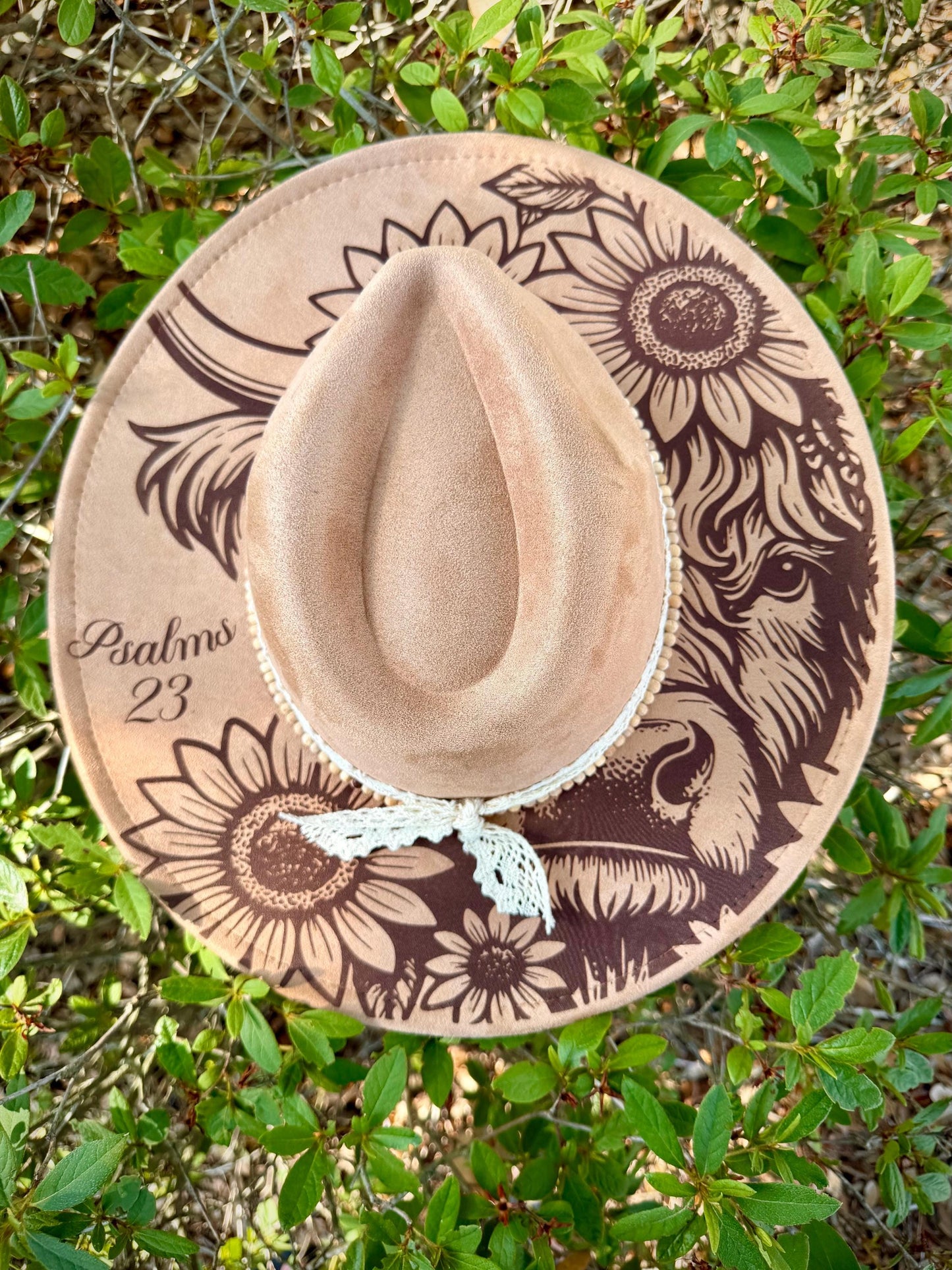 Psalm 23 Hat, Engraved Highland Cow Sunflower Wide-Brim Western Boho Faith