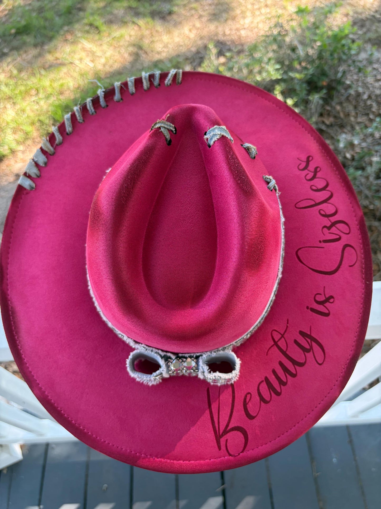 Beauty is Sizeless Hat Hot Pink Engraved Wide-Brim, Rhinestone Denim Band